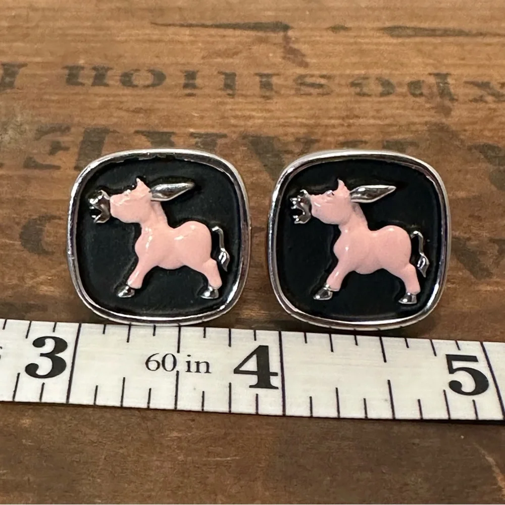 Hickok Pink Enamel Silver Toned Donkey Cufflinks Vintage